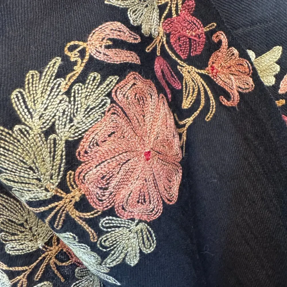 Black Wool Shawl with Floral Embroidery Stitching and Fringed Ends